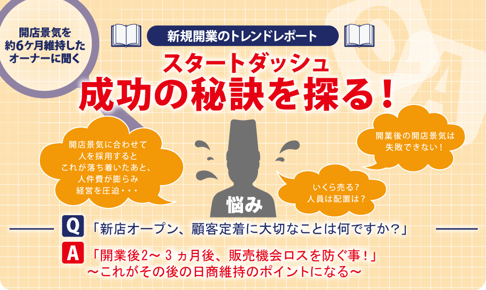 新規開業のトレンドレポート スタートダッシュ成功の秘訣を探る！Q 「新店オープン、顧客定着に大切なことは何ですか？」 A 「開業後2～3ヵ月後、販売機会ロスを防ぐ事！」
～これがその後の日商維持のポイントになる～